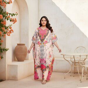 Plus Size Pink Floral V-Neck Swim Coverup Kaftan